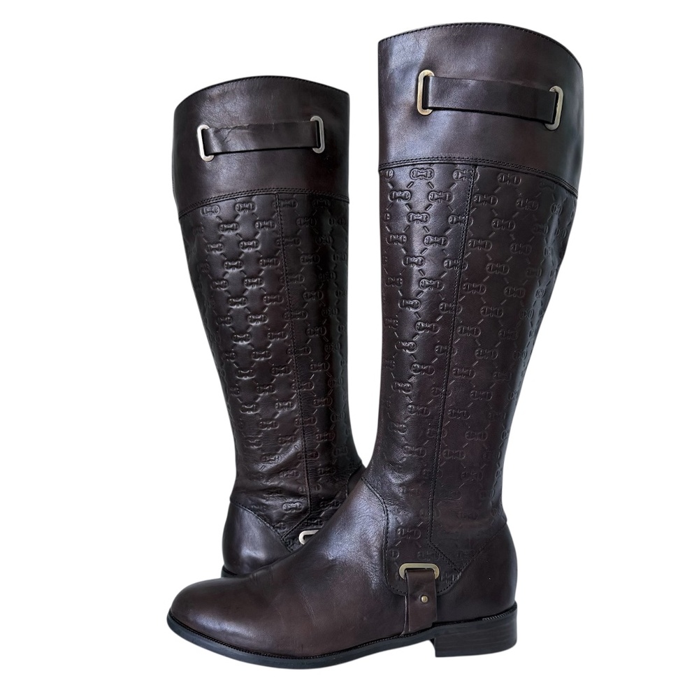 ETIENNE AIGNER | Vintage Leather Monogram E-Gilbert Brown Riding Boots Sz 7 - Picture 1 of 8